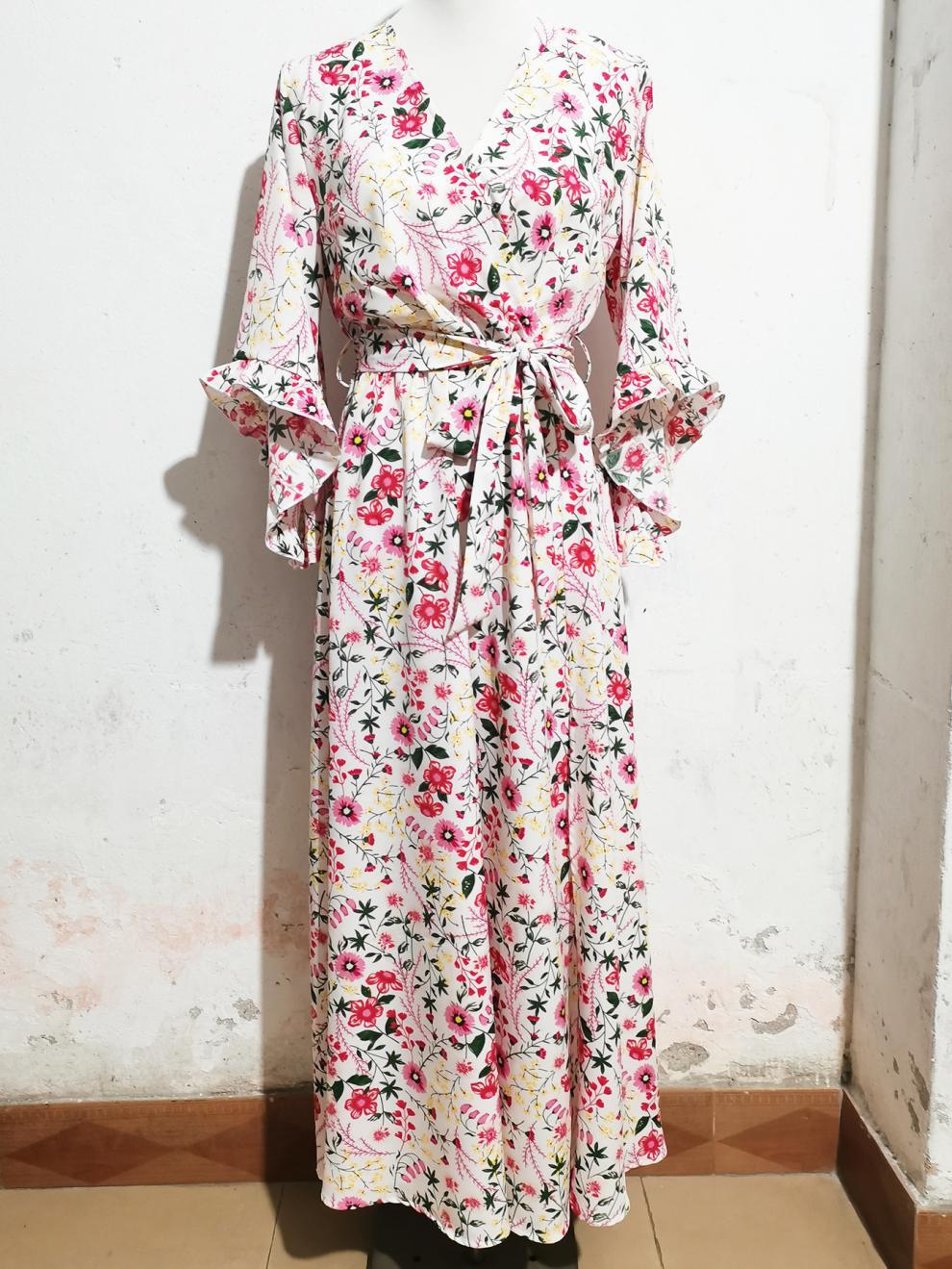 Bohemian Ruffle Patchwork Half-Sleeved V-Neck Belt Slit Dress 7