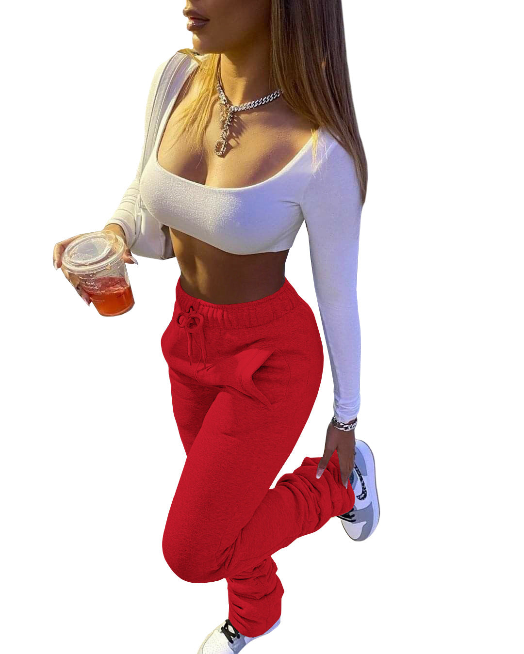 Women Fleece Sports Casual Drawstring Pockets Stacked Pant 3