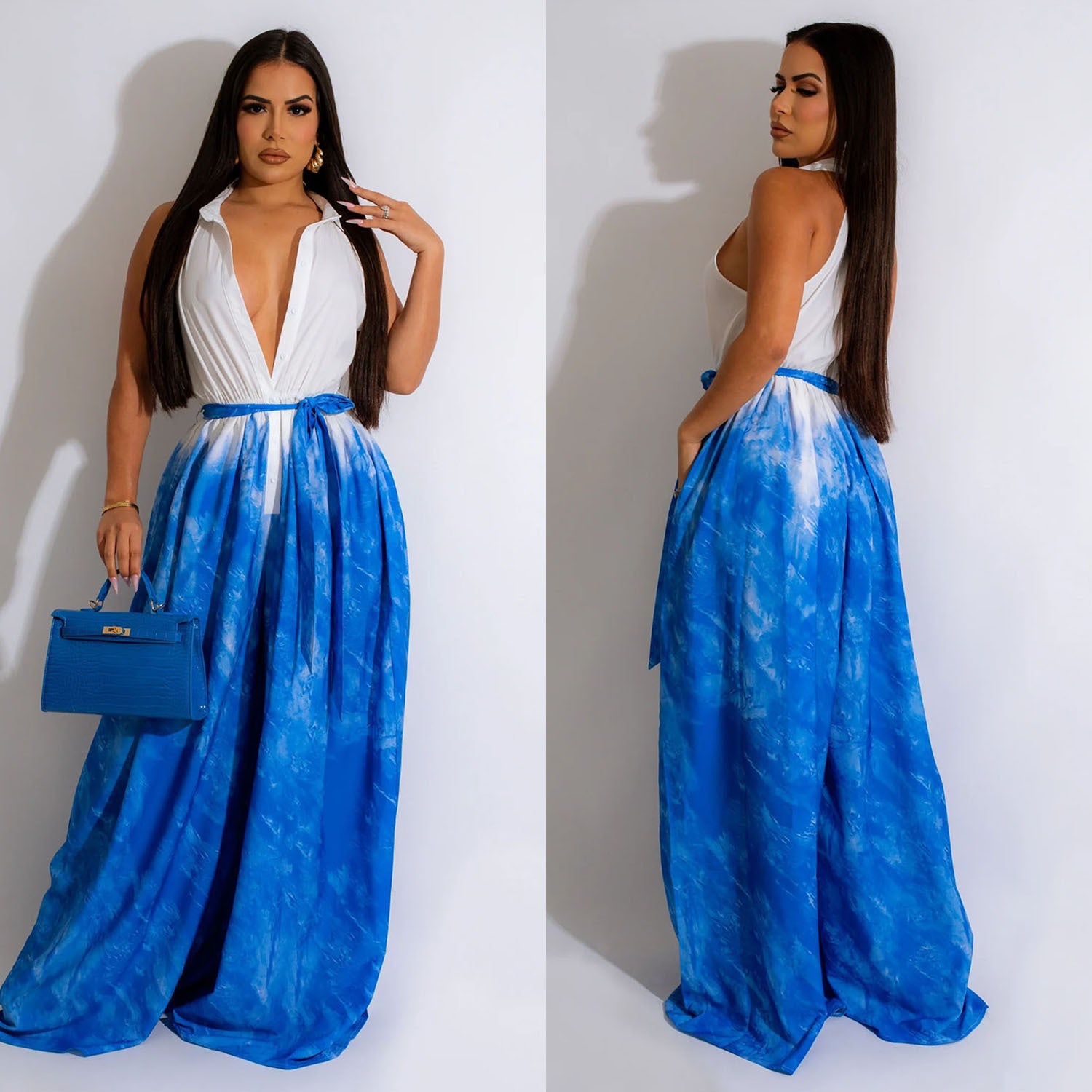 Women's Fashion Printed Sleeveless V-Neck Belted Maxi Dress For Women