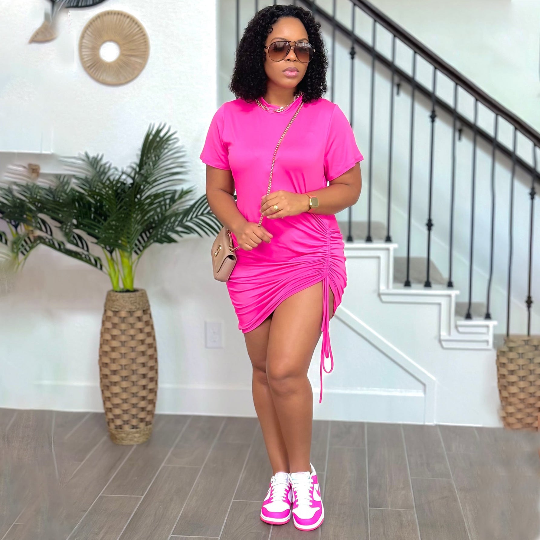 Round Neck Short-Sleeved Fashionable Drawstring Slim Casual Dress For Women 4