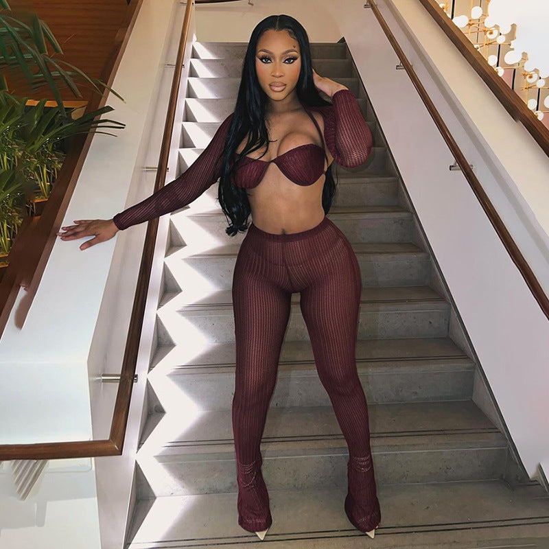 Summer Women's Fashion Trend Long-Sleeved Crop Top Lace Bra Sexy Slim Pants Set 24