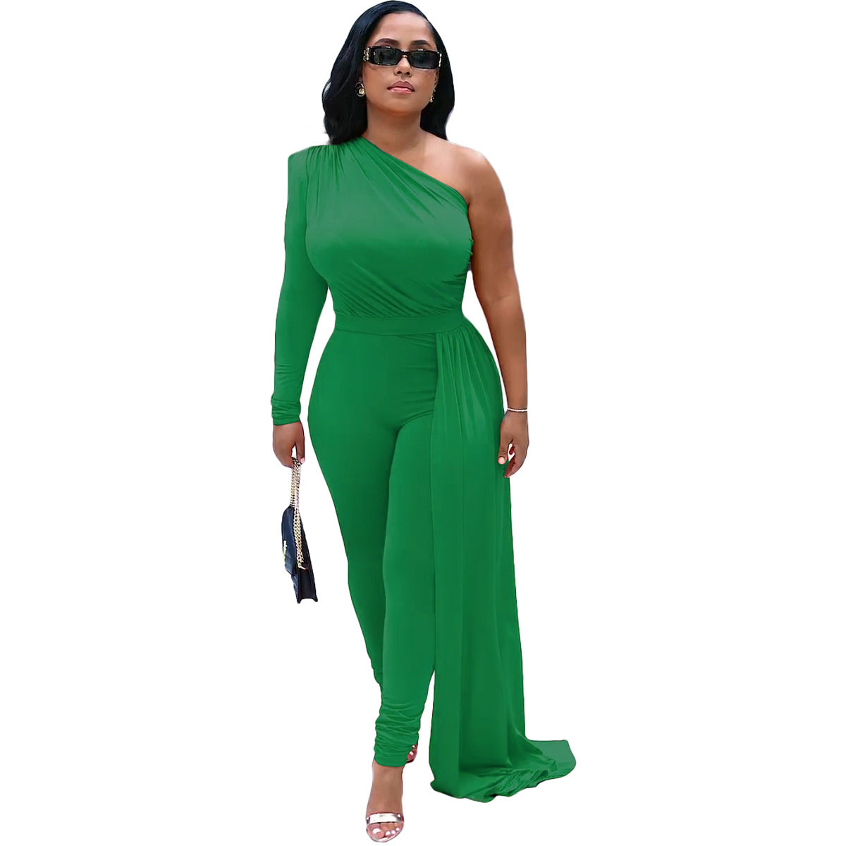 Women Slash Shoulder Irregular Solid Color Jumpsuit