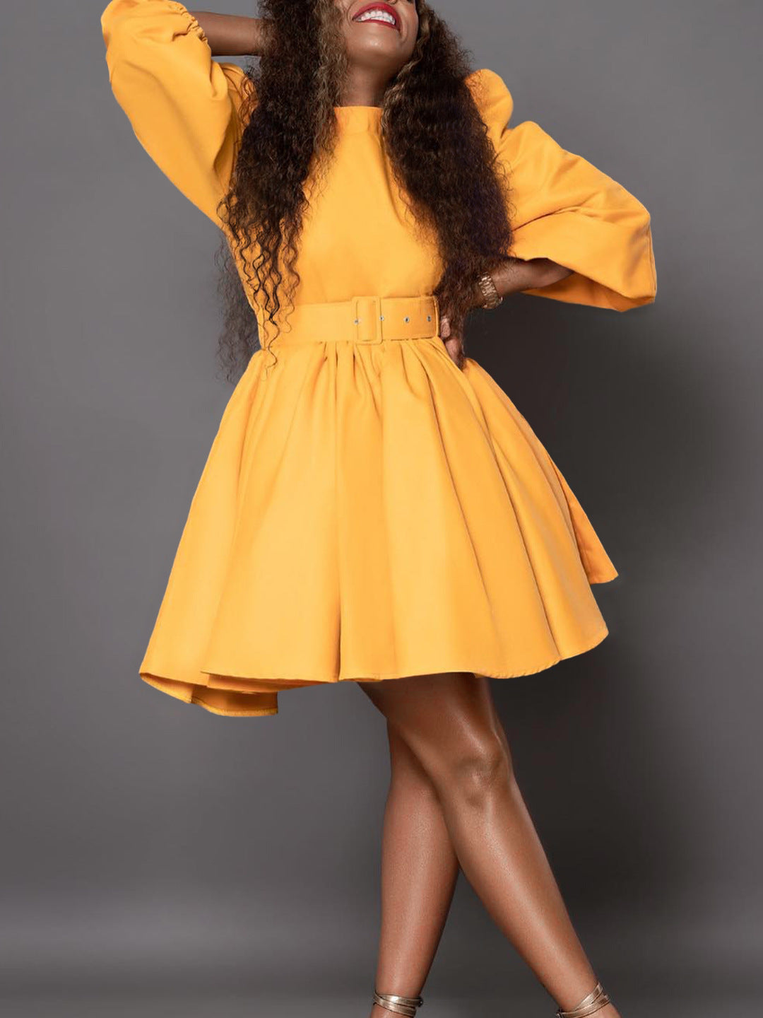 Women's Fashion Chic Puff Sleeve Slim Waist Chic A-Line Dress 7