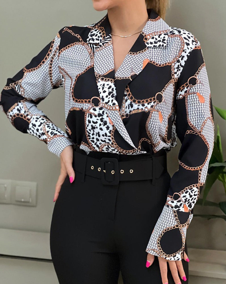 Autumn Loose Long-Sleeved V-Neck Pullover Printed Shirt For Women 6