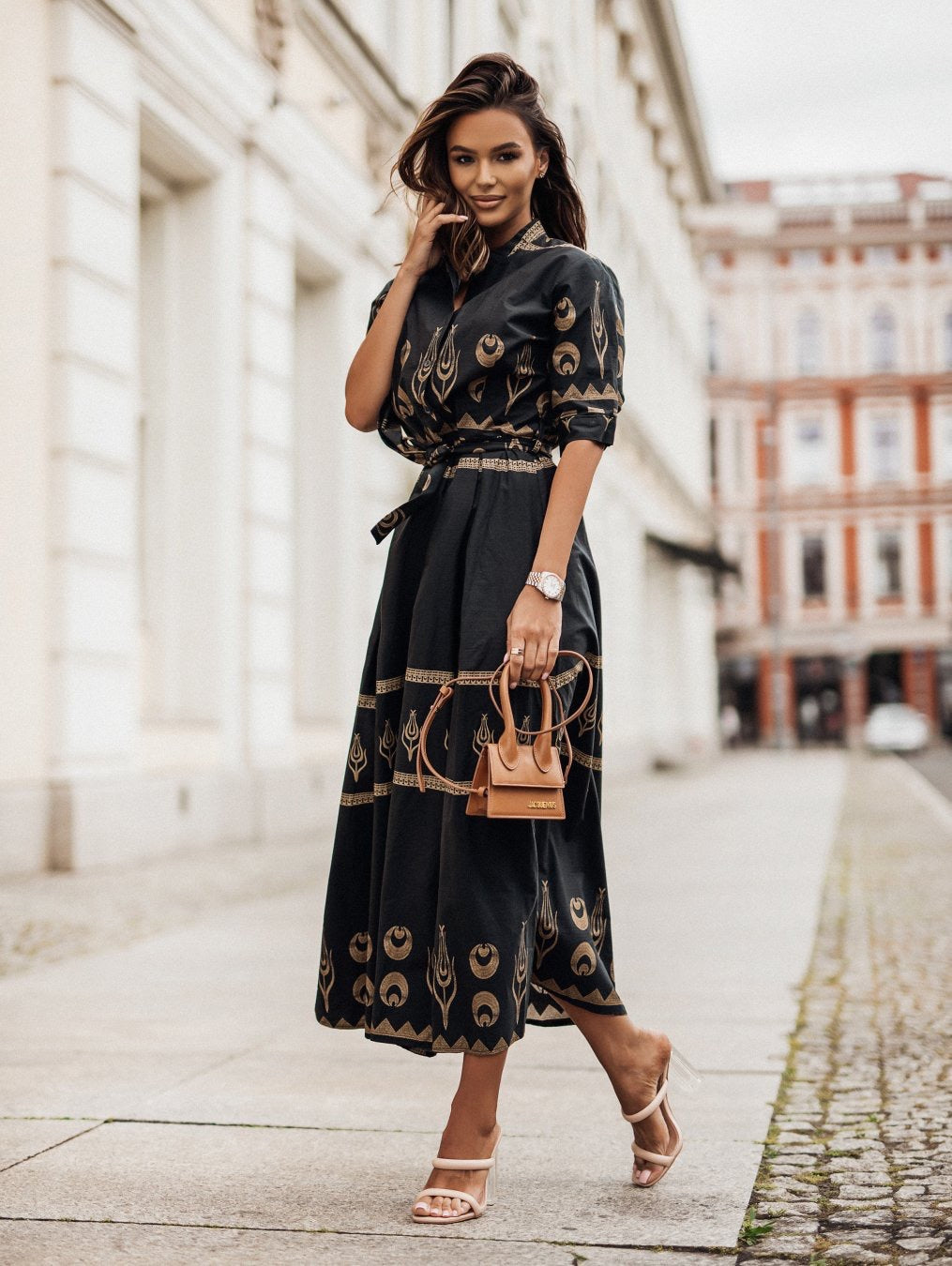 Women Printed Button Belt Shirt Dress 9