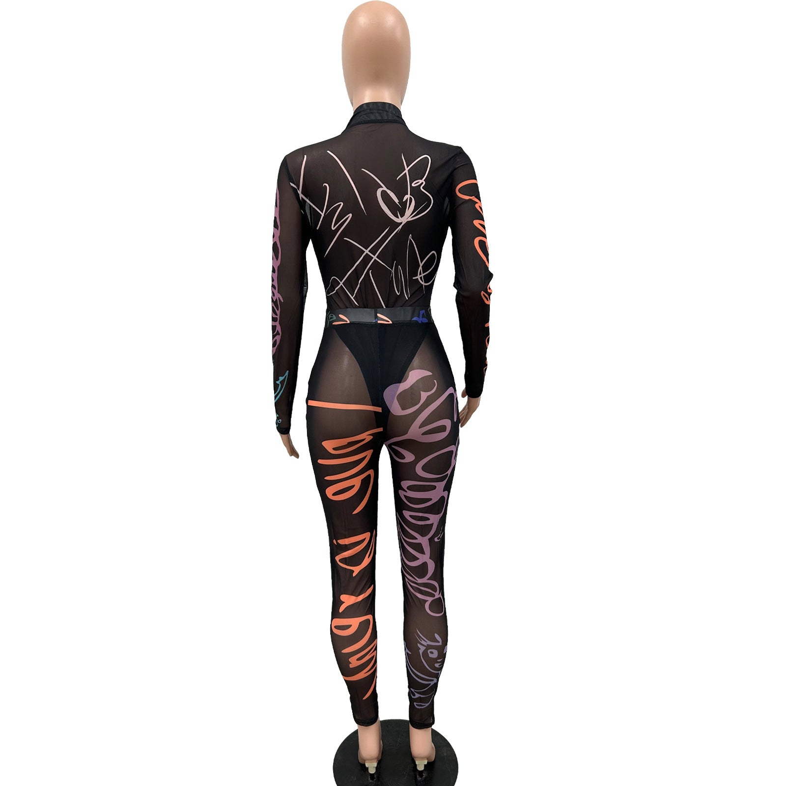 Women's Summer Print See-Through Mesh Tight Fitting Bodysuit Pants Two Piece Set 11