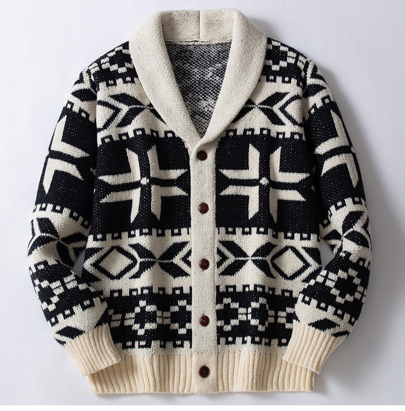 Men's Vintage Jacquard Knitting Turndown Collar Sweater Jacket 3