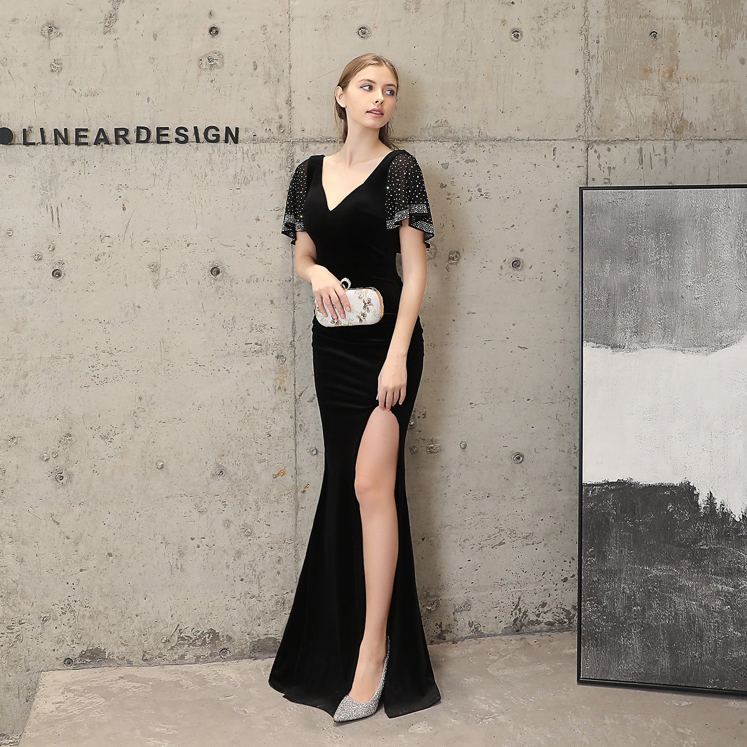 Women Velvet Beaded Formal Party Elegant Mermaid Evening Dress 6