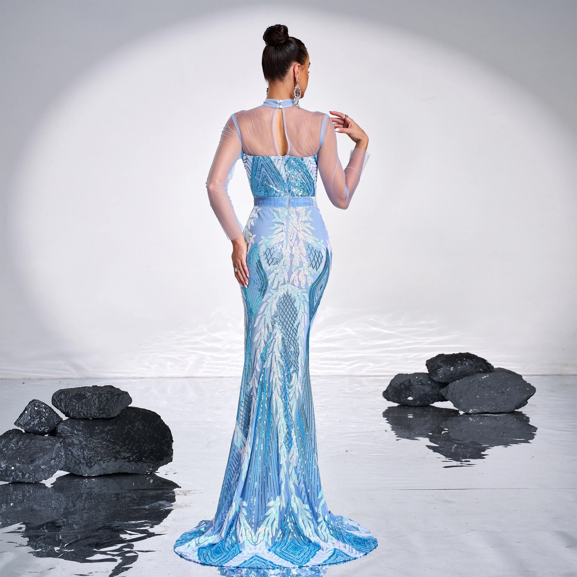 Women Long Sleeve Round Neck Sexy Mesh Sequined Formal Party Maxi Evening Dress 6