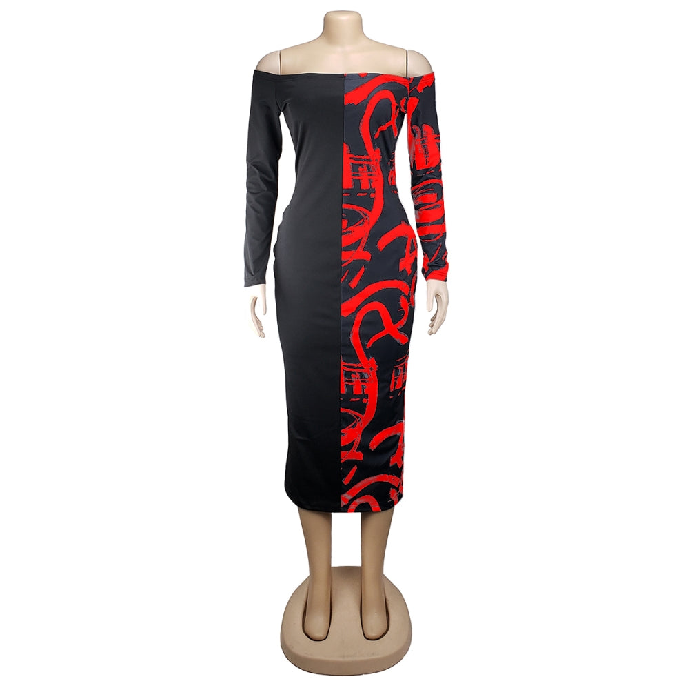 Print Sexy Off Shoulder Midi Dress with Sleeves 4