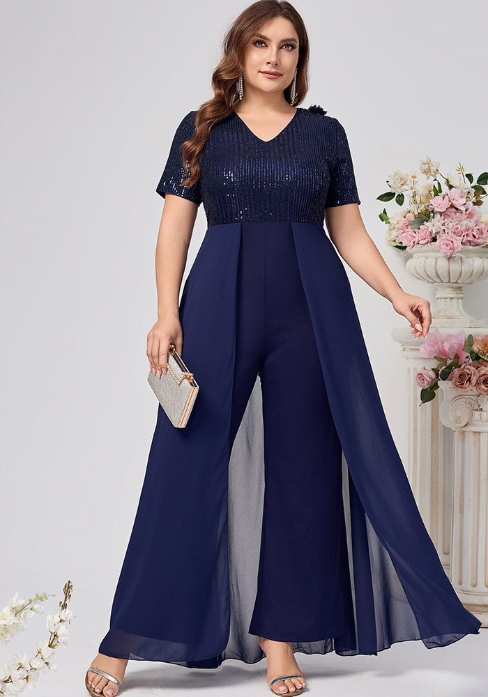 Plus Size Women Sequins V-neck Sequins Skirt Jumpsuit