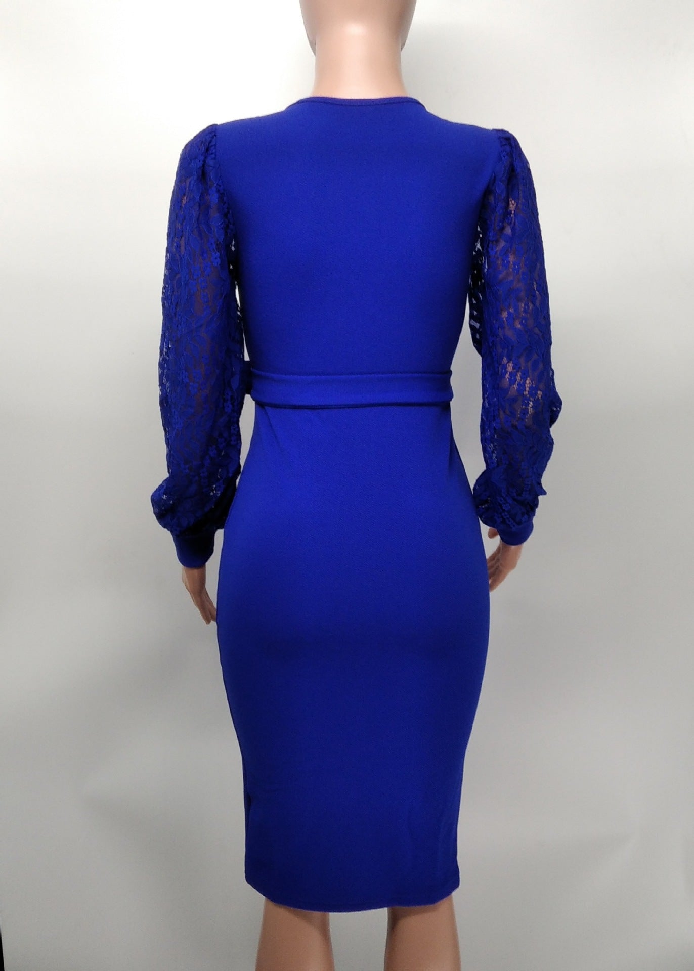 Women'S Fashion Solid Color Lace Lantern Sleeve Slim Midi Bodycon Dress 9