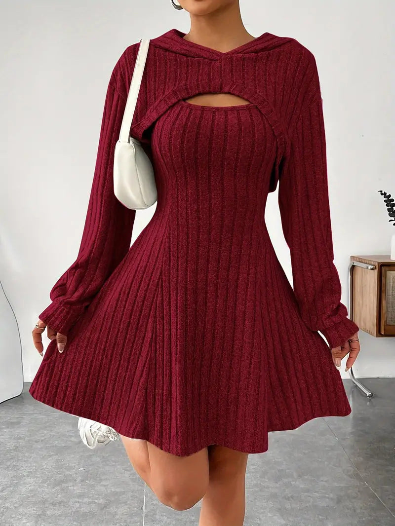 Long Sleeve Hoodie Top and Strap Square Neck A-Line Dress Set 13