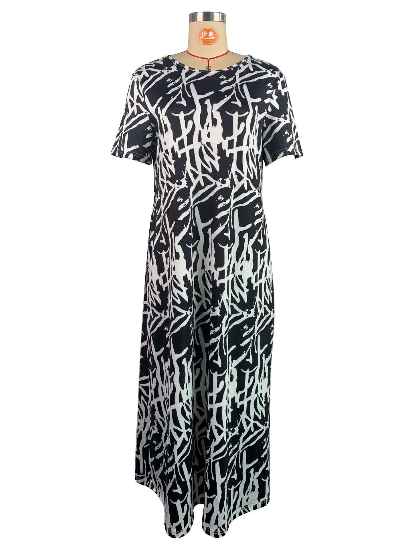 Women Casual Printed Black and White Short-Sleeve Round Neck Maxi Dress 6