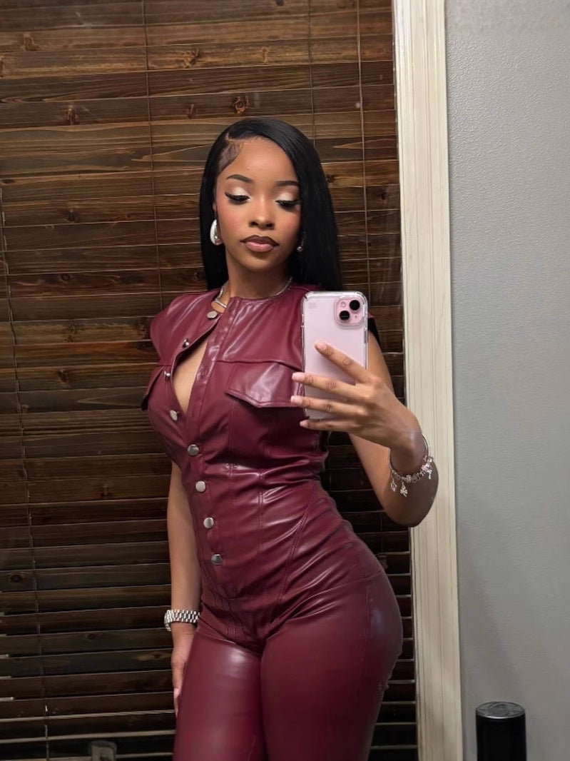 Women's Fashion Sleeveless Pu Leather Jumpsuit 4