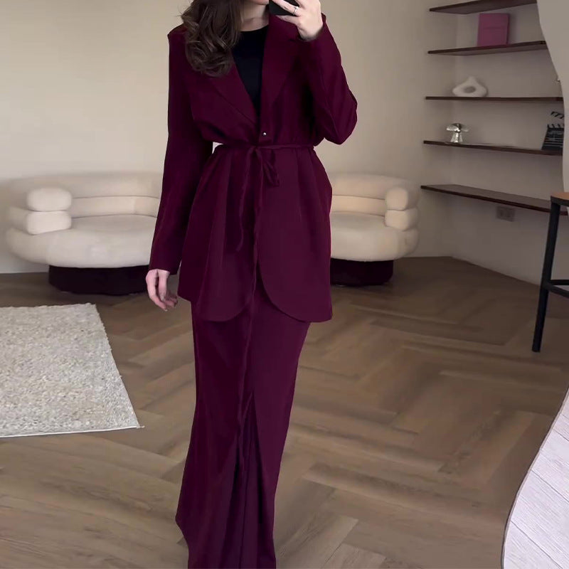 Women Fall Solid Lace-Up Blazer and Skirt Two-Piece Set 4