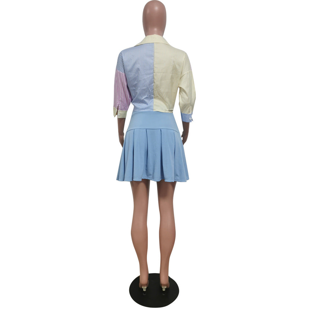 Women Striped Print Three-quarter Sleeve Shirt and Skirt Two-piece Set 11