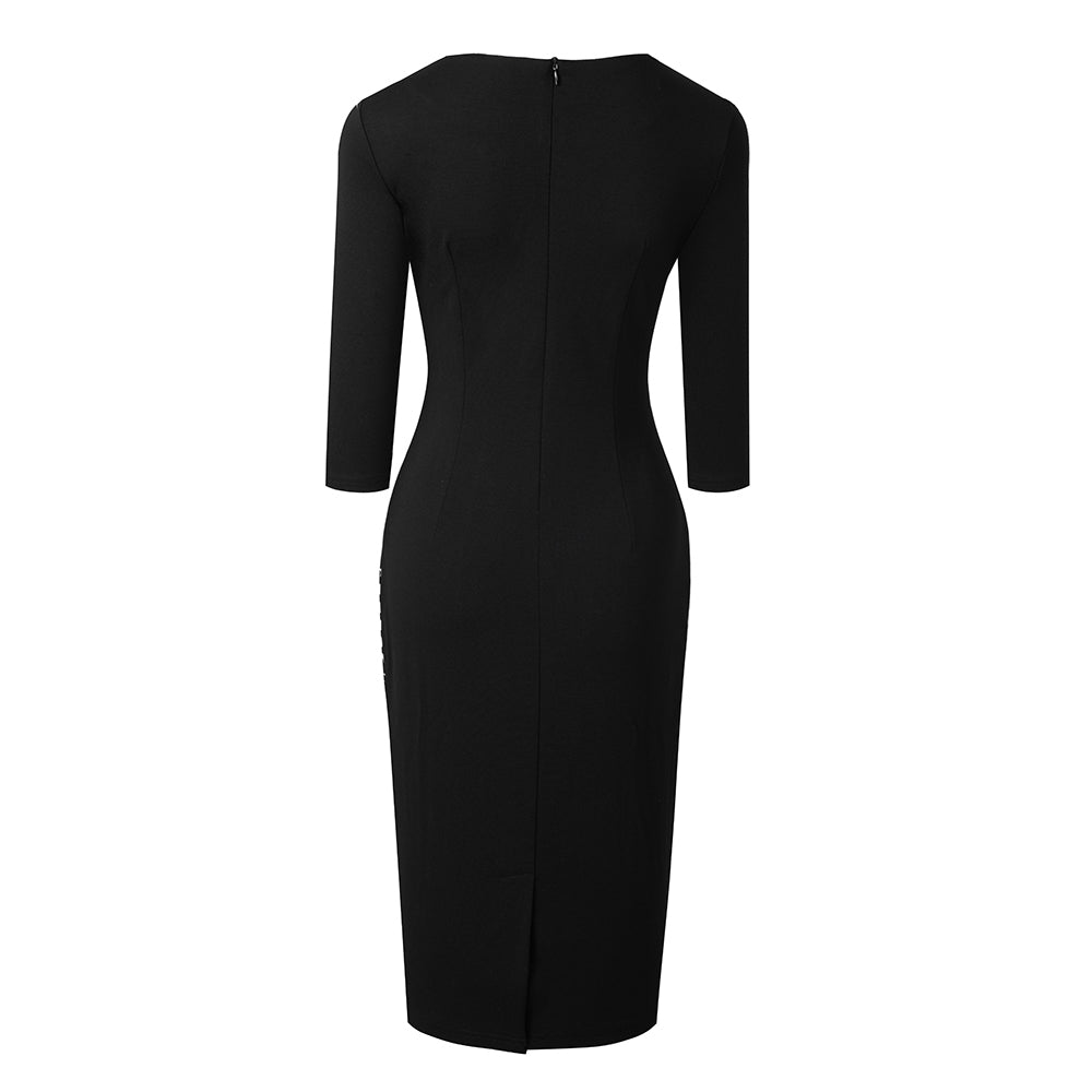 Women Button Houndstooth Patchwork Bodycon Dress 4