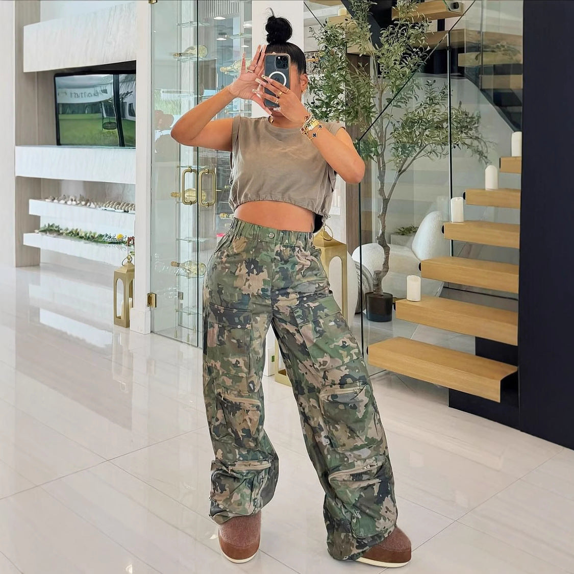 Summer Camouflage Print High-Waist Loose Cargo Pants 5