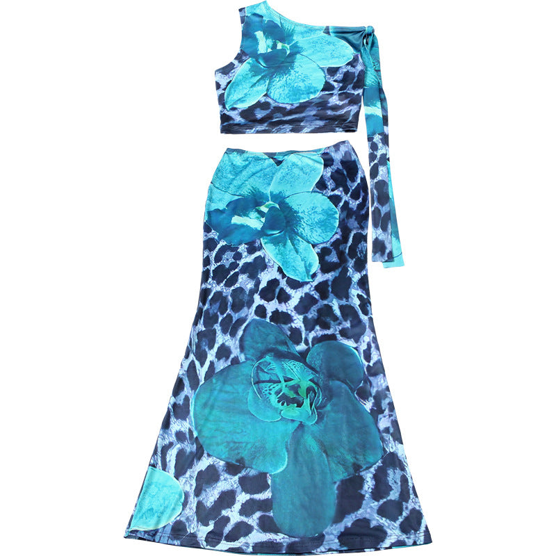 Women Summer Style Sleeveless Contrast Leopard Flower Print Crop Top and Skirt Two-Piece Set 8