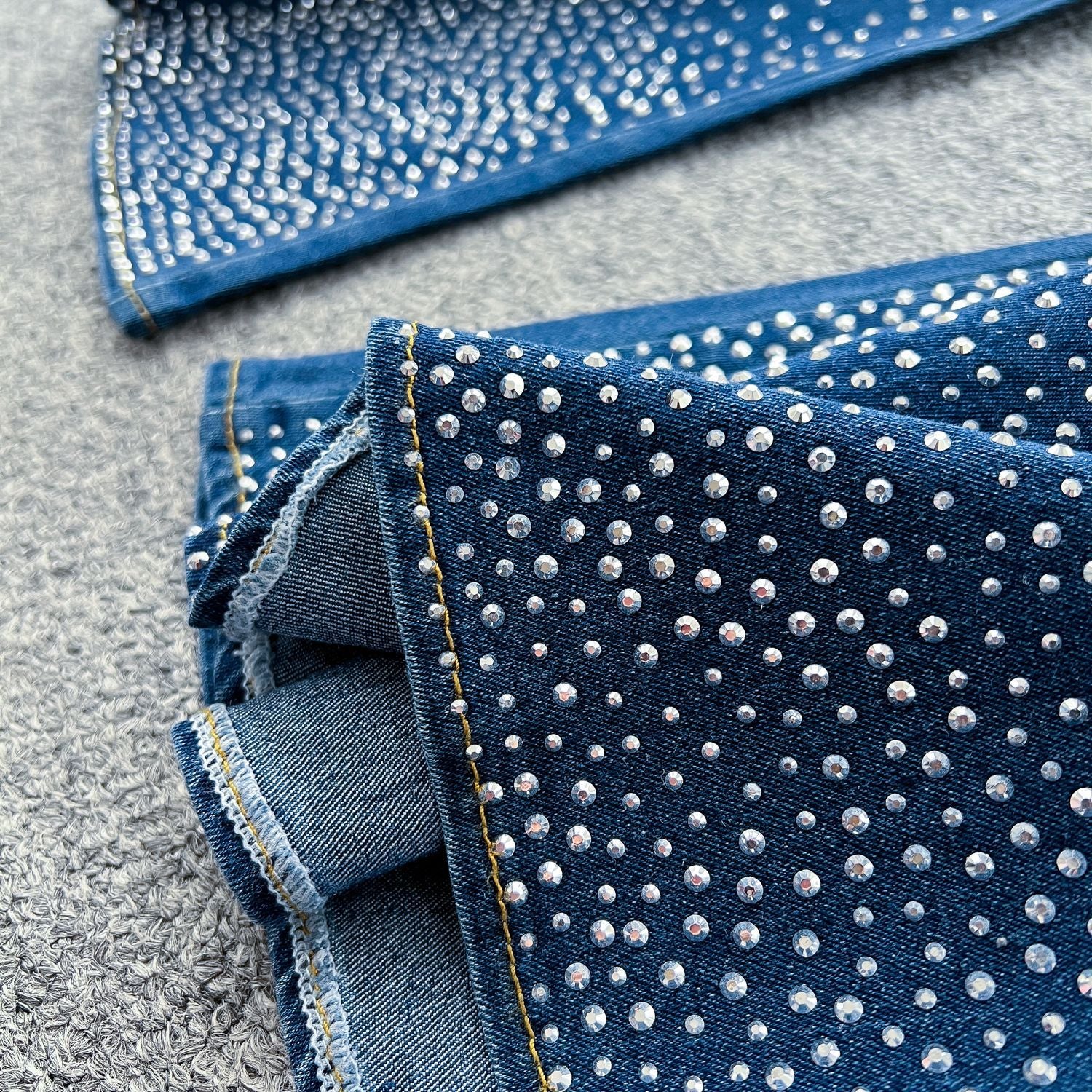 Fashion Beaded Denim summer Strapless Vest High Waist Denim Bell Bottom Trousers Two Piece Set for Women 17