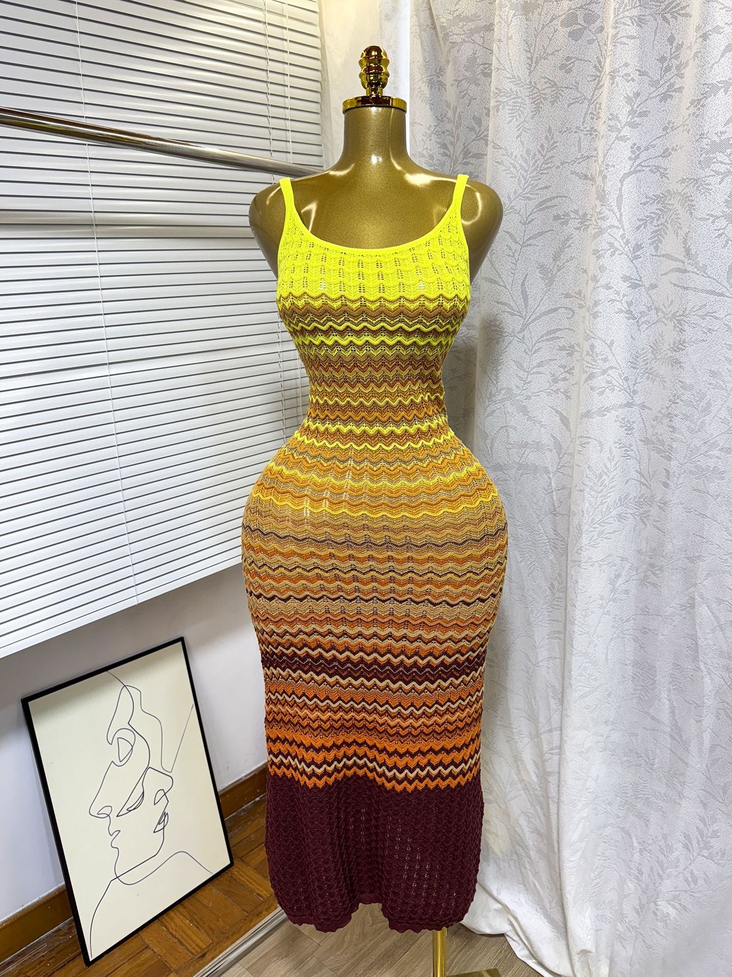 Women's Summer Strap Knitting Gradient Color Slim Bodycon Long Dress 6