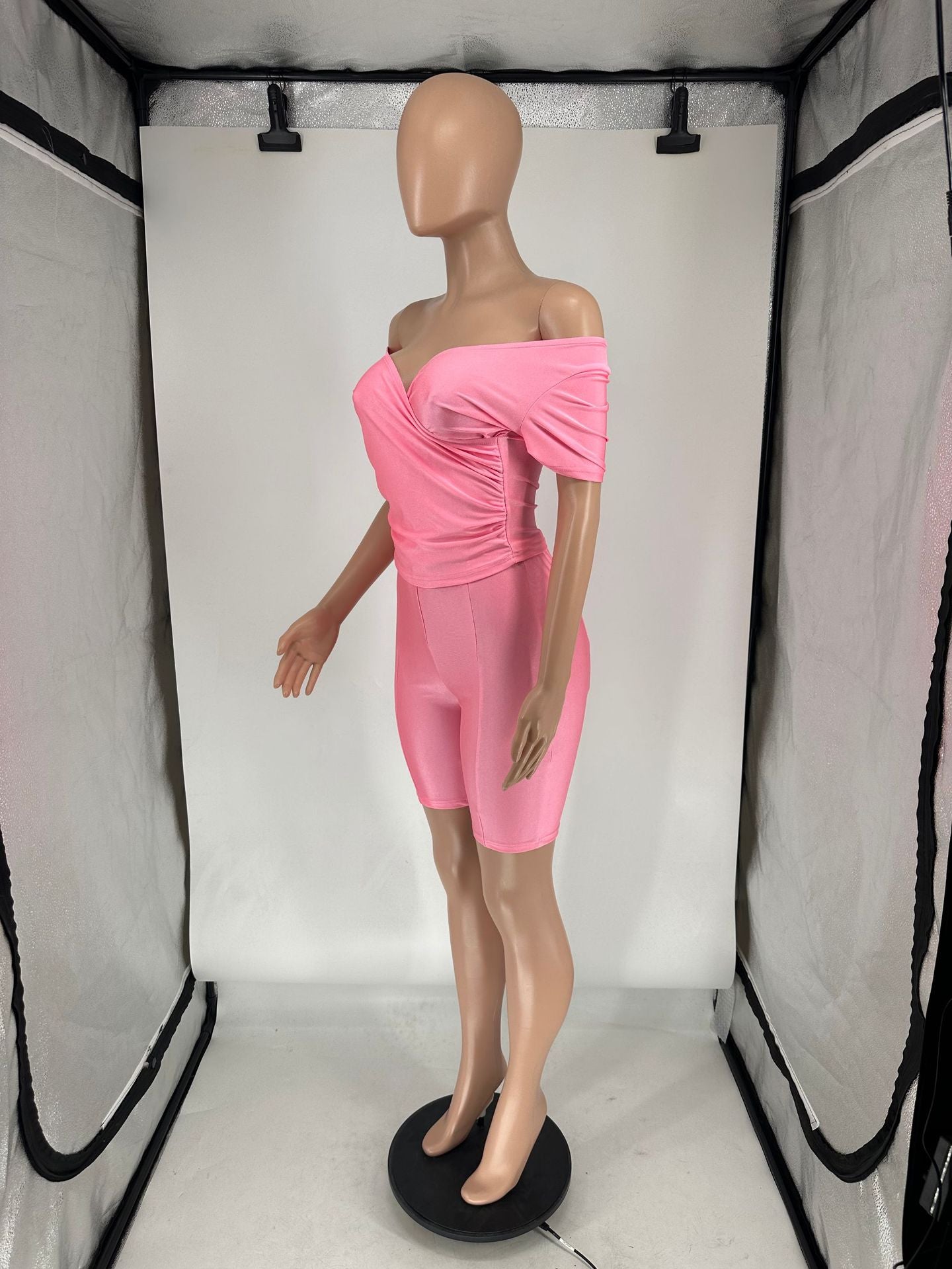 Women's Summer Cross V Neck Short Sleeve Top Elastic Shorts Casual Two Piece Set 15