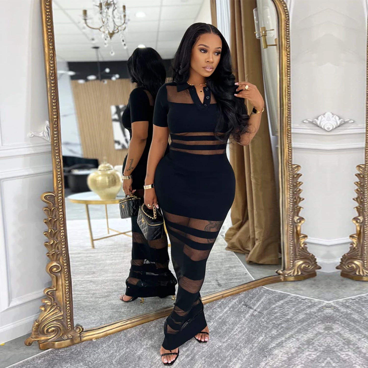 Fashion Women's Sexy See-Through Mesh Patchwork Bodycon Dress 6