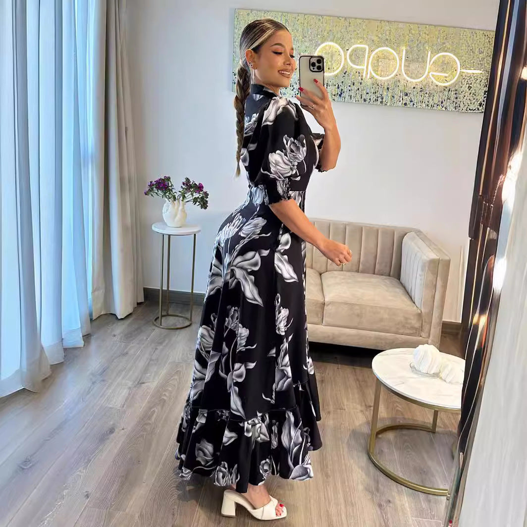 Chic Printed Puff Sleeve Ruffle Casual Women's Long Dress 3