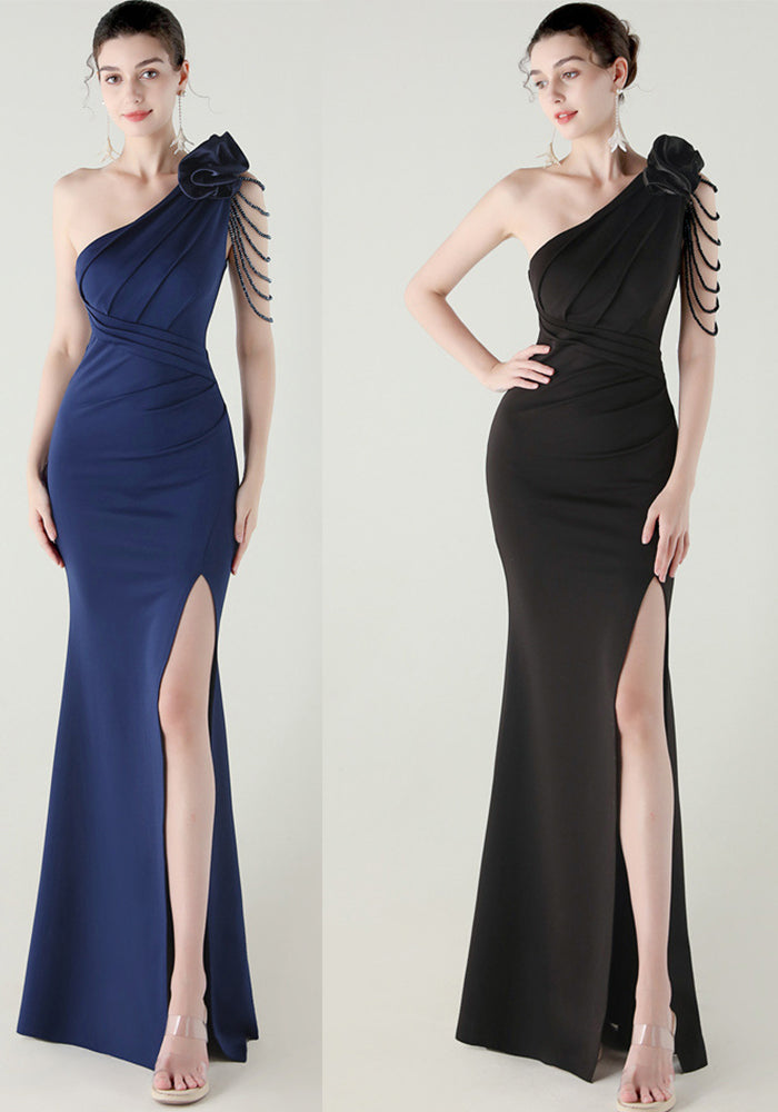 Women one-shoulder flower beaded satin sexy slit evening dress