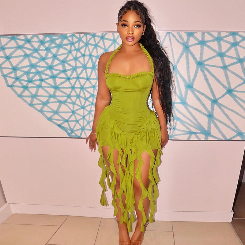 Women Sexy Halter Neck Sleeveless Backless Bodycon Irregular Dress 8