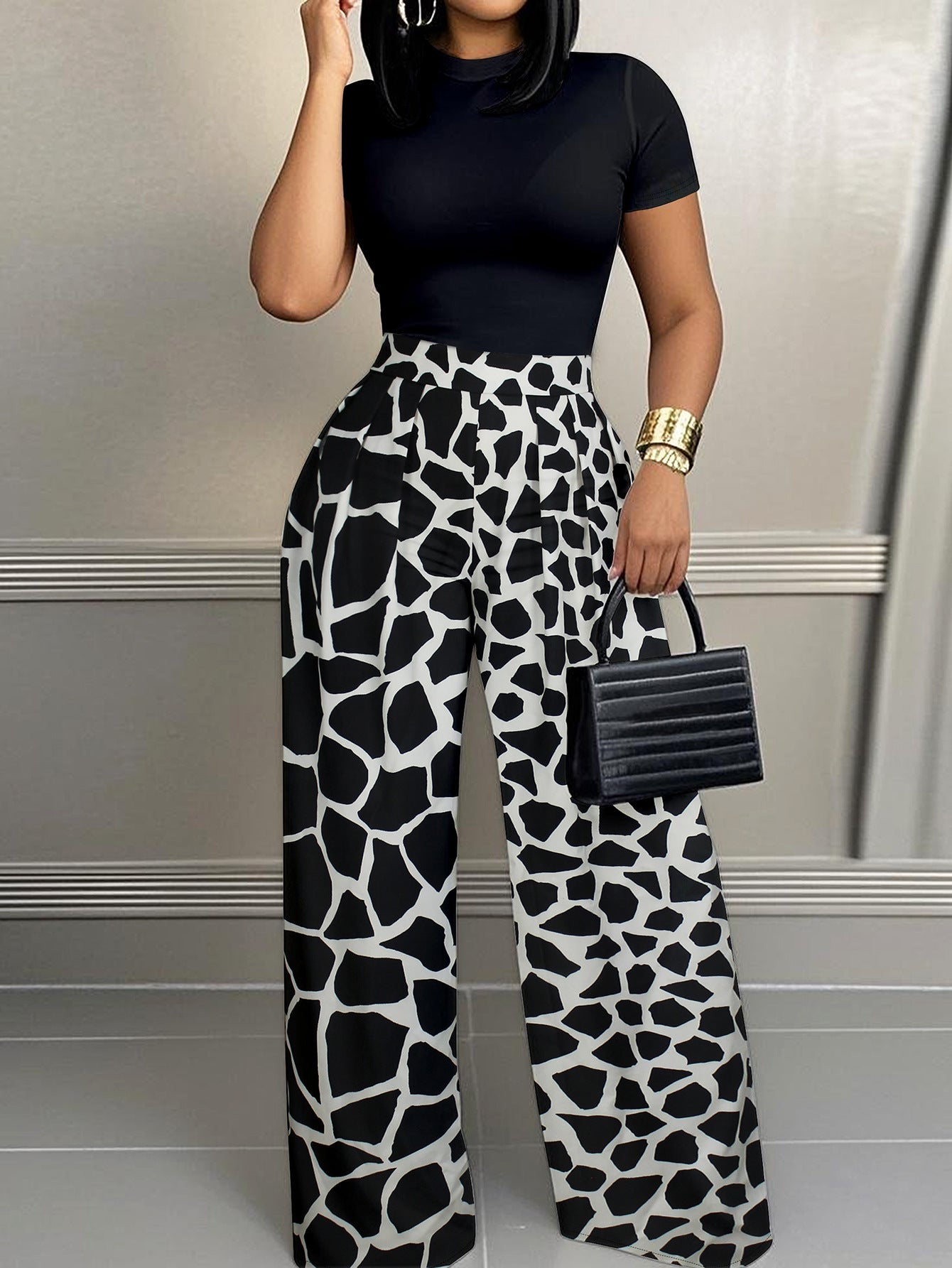 Women's Elegant Round-Neck Short-Sleeve High-Waist A-Line Trousers Casual Two Piece Set 3