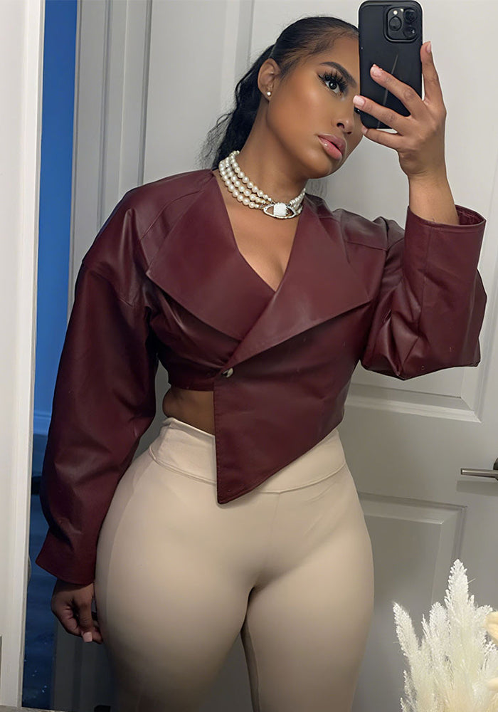 Summer Women's Fashion Slim Waist Crop Pu Leather Solid Color Casual Jacket