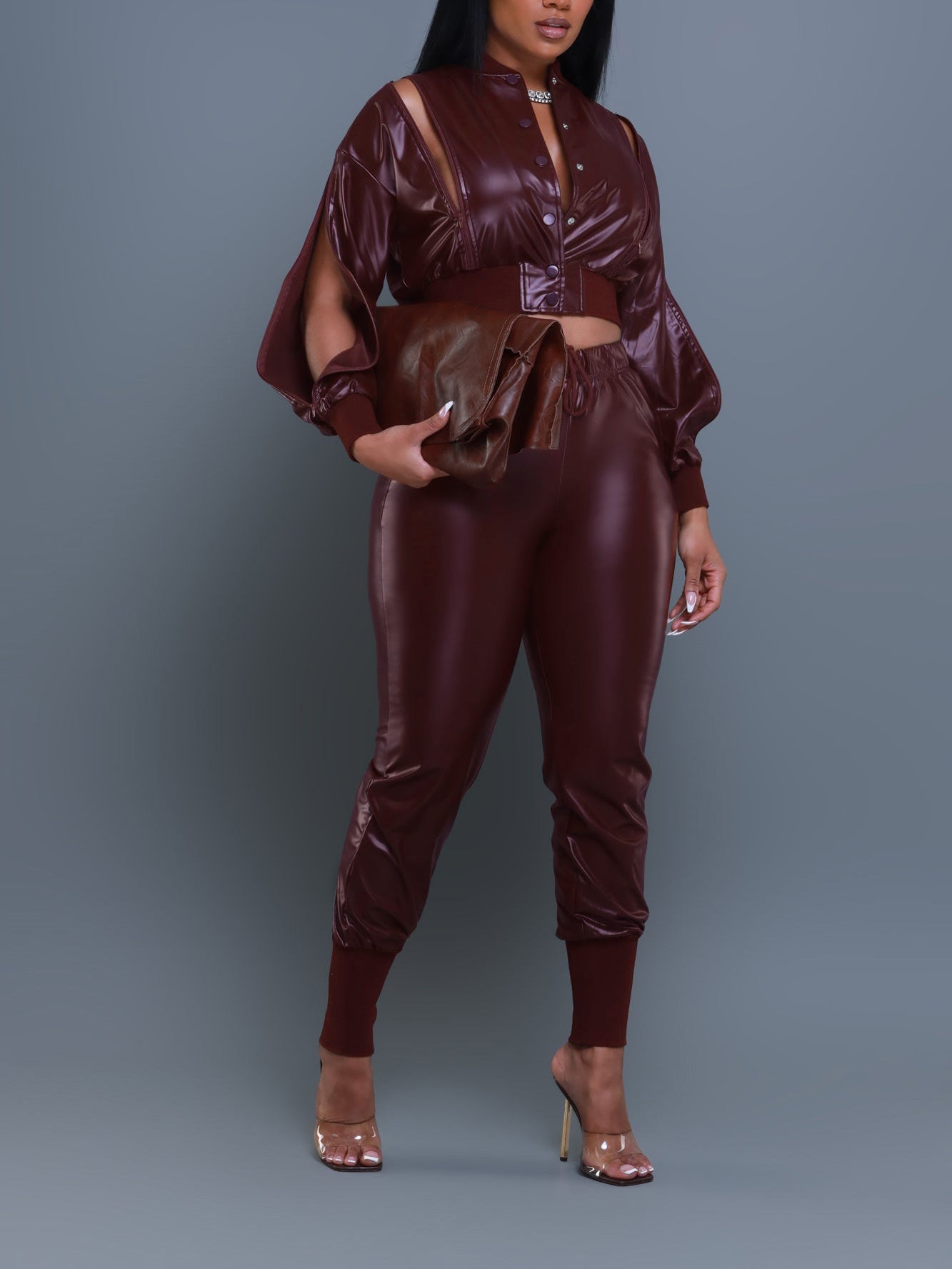 Women's Autumn Winter Pu Leather Zipper Jacket Pants Two-Piece Set 5