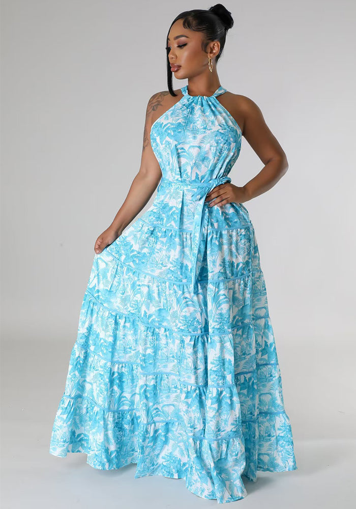 Fashion Printed Halter Neck A-line Maxi Dress