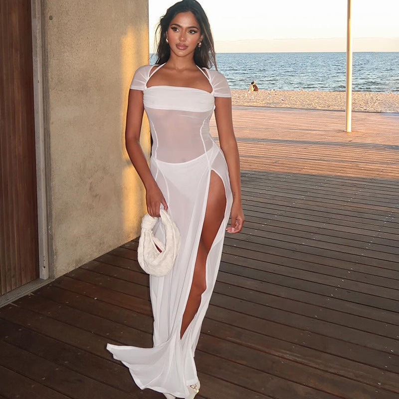 Women's Solid Color Sexy Mesh See Through Plit Long Dress 3