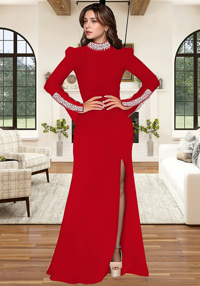 Women Solid Long Sleeve Beaded Slit Dress