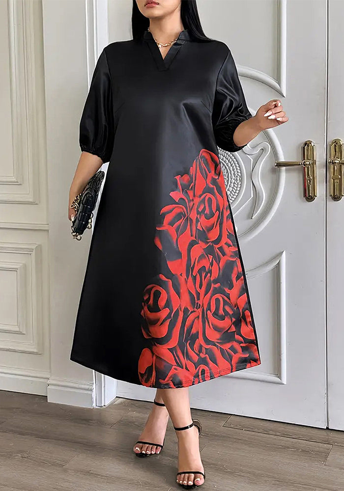 Half Sleeve V-Neck A-Line Plus-Size Dress