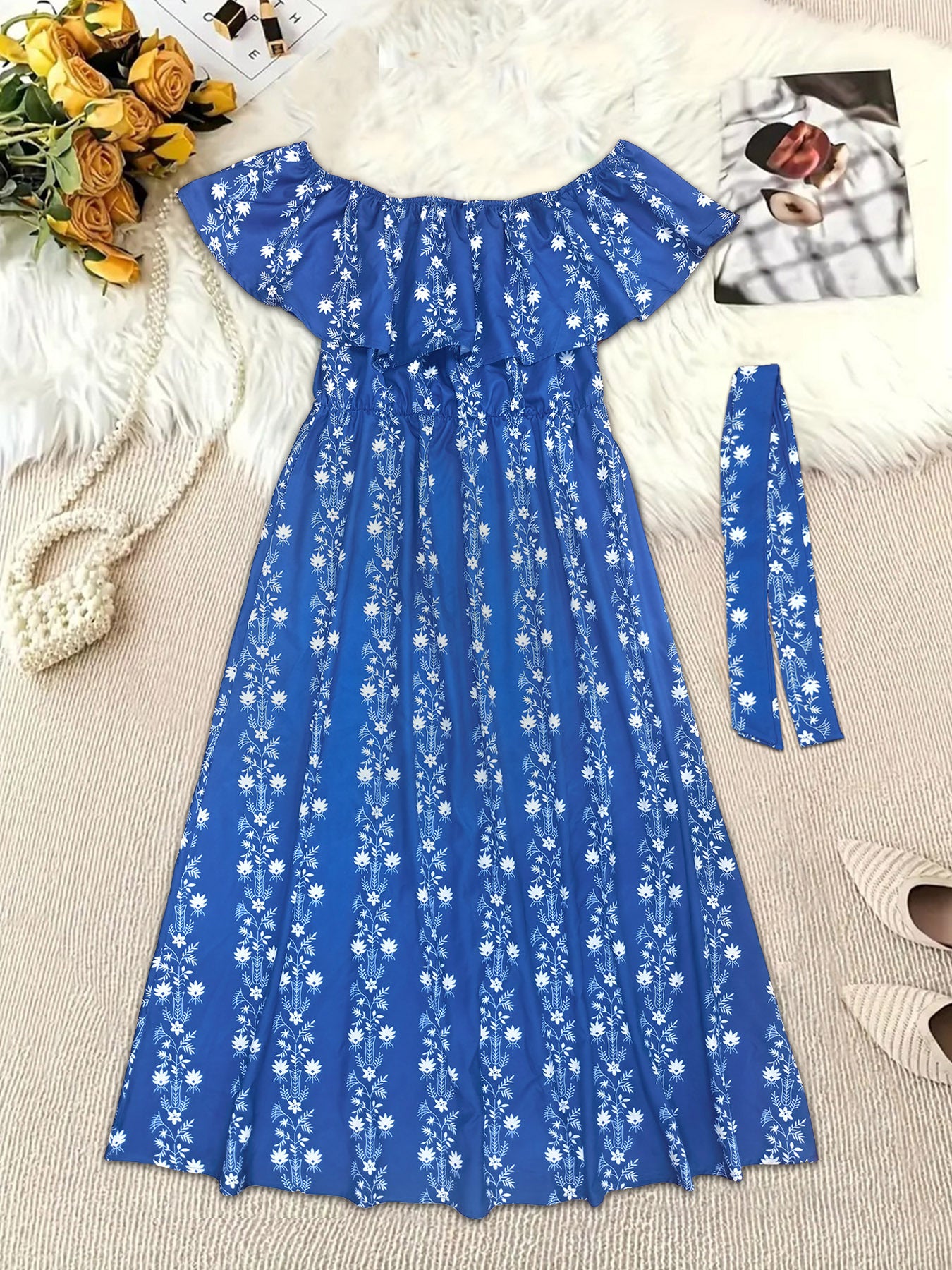 Plus size Women summer off shoulder print elegant dress 4