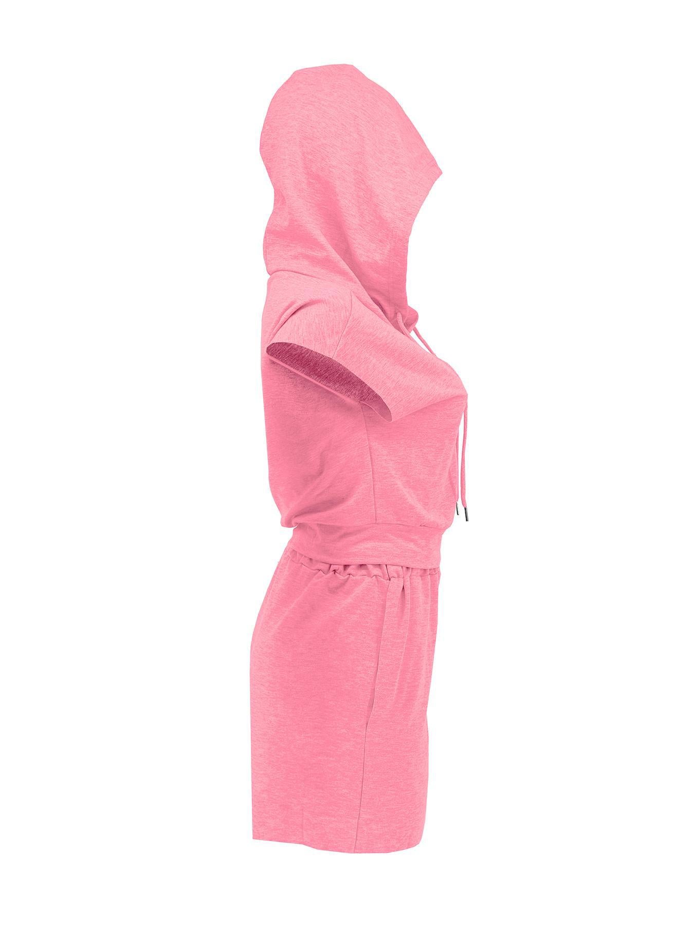 Women Summer Hooded Pocket Sports Solid Top and Shorts Casual Two-piece Set 14