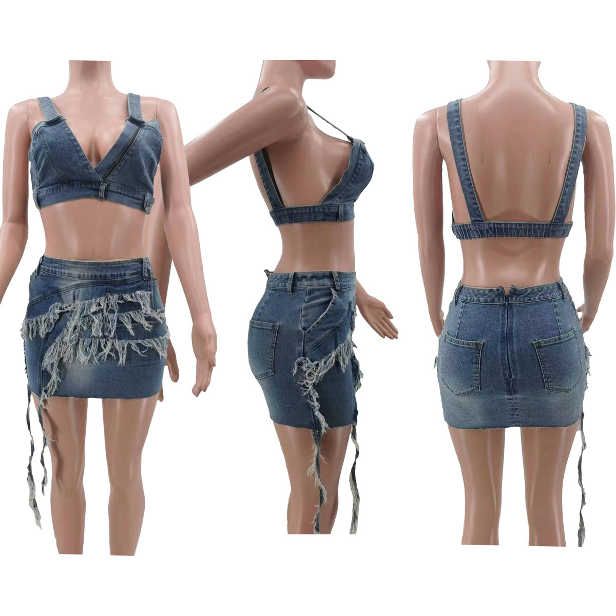 Women Summer Style Tassel Top and Skirt Elastic Denim Two-piece Set 9