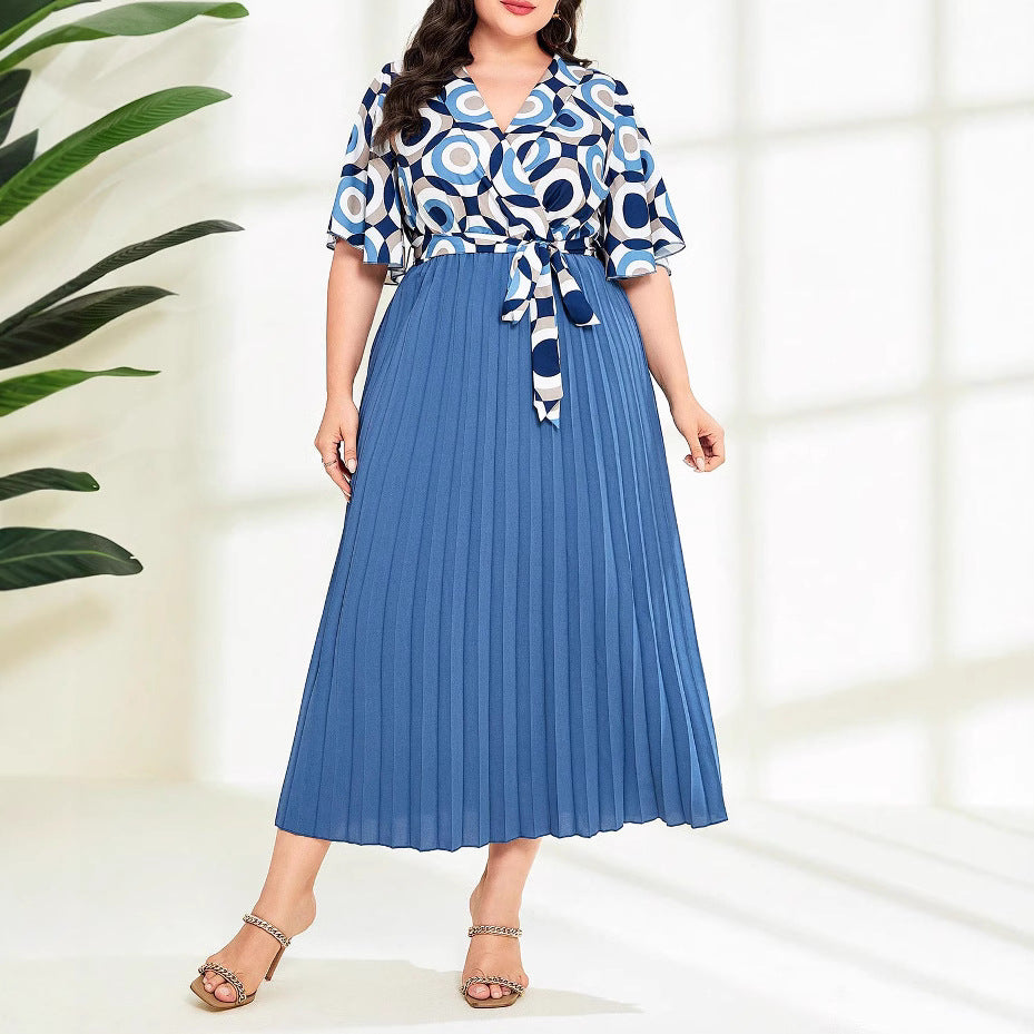 Summer Elegant Chic Patchwork Pleated Lace-Up Plus Size Women's Short Sleeve Dress 7