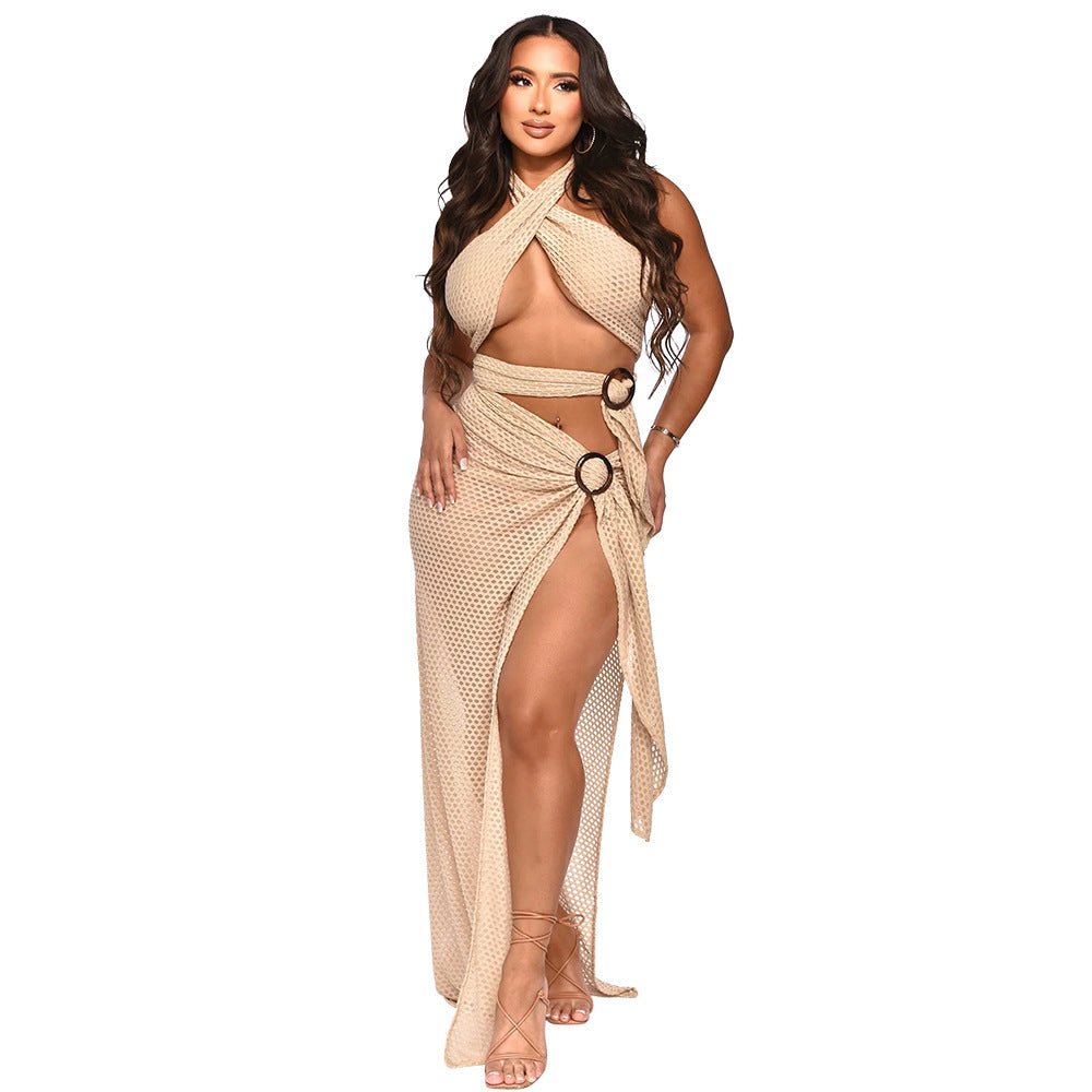 Sexy Halter Neck Mesh Slim High Slit Fashion Solid Color Long Dress 14