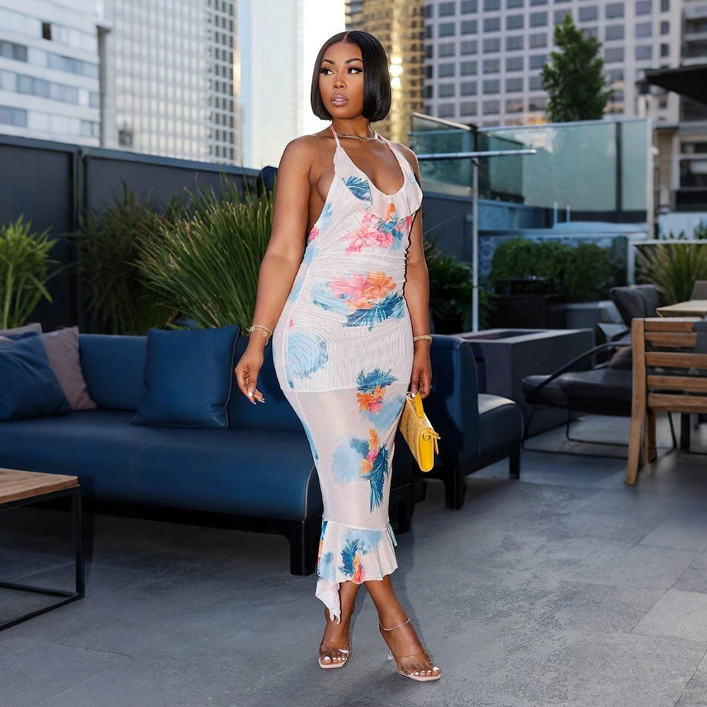 Women Sexy Backless Lace-Up Print Irregular Ruffle Bodycon Maxi Dress 7