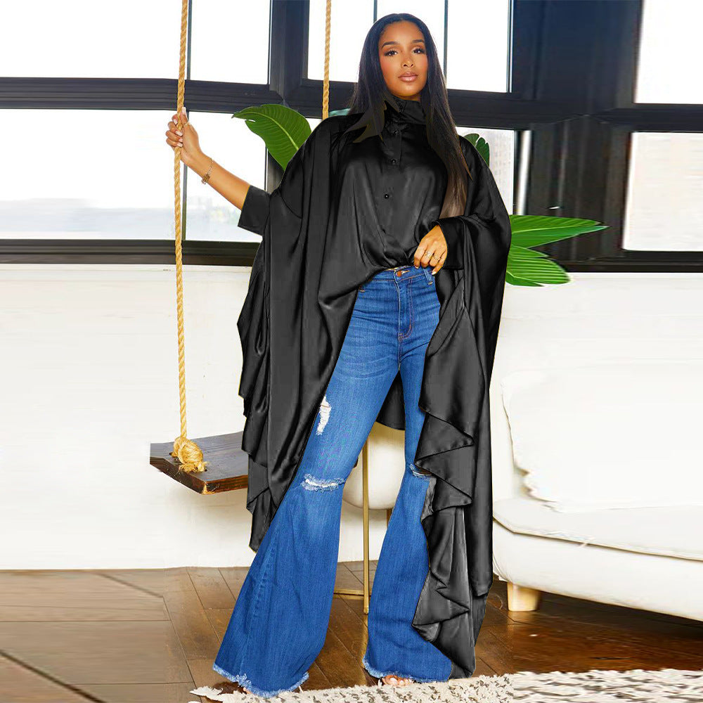 Women 's Autumn Pleated Long Solid Color Shawl Shirt 3