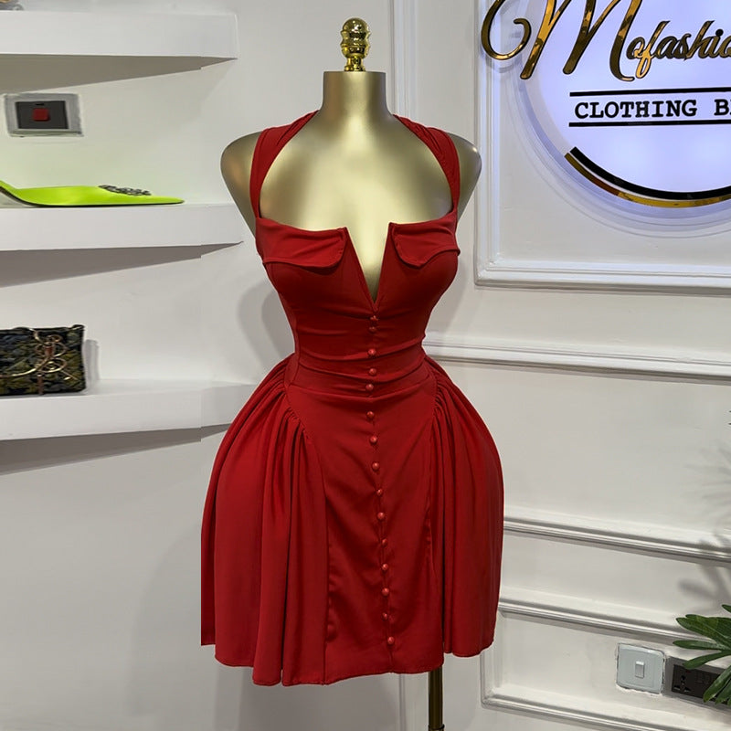 Women's Autumn Square Collar Button Decoration High Waist Bodycon Short Dress 3