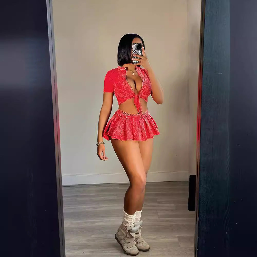 Sexy Women's Tie-Dye Print Short-Sleeved Lace-Up Crop Top Pleated A-Line Skirt Casual Two-Piece Set 6