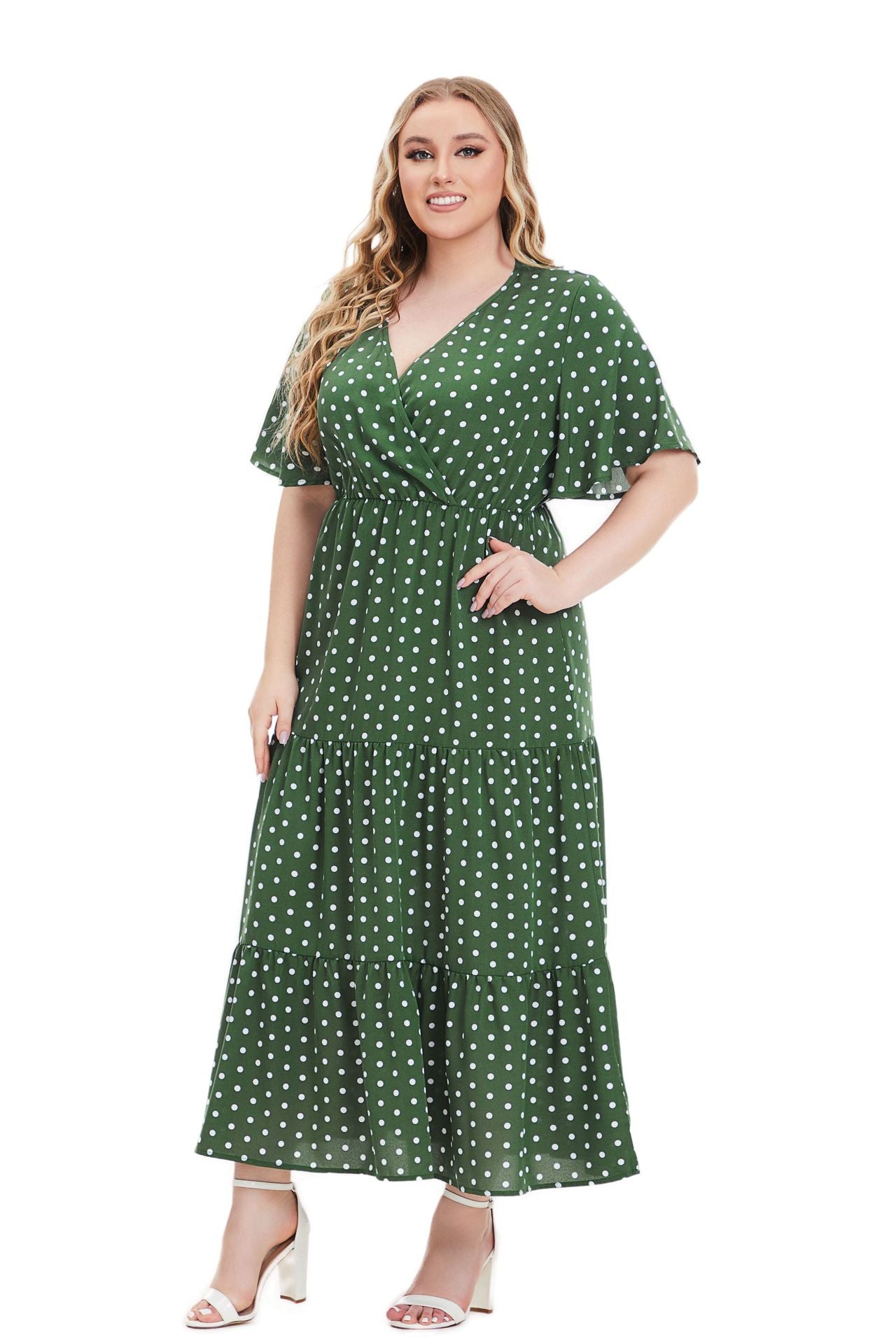 Plus Size Women Summer V Neck Polka Dot Short Sleeve Dress 8