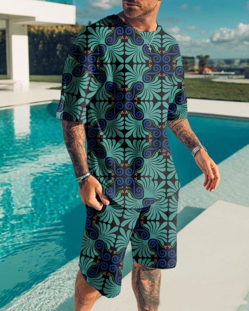 Men's Casual Colorblock Print Short Sleeve T-Shirt and Shorts Two-Piece Set 14