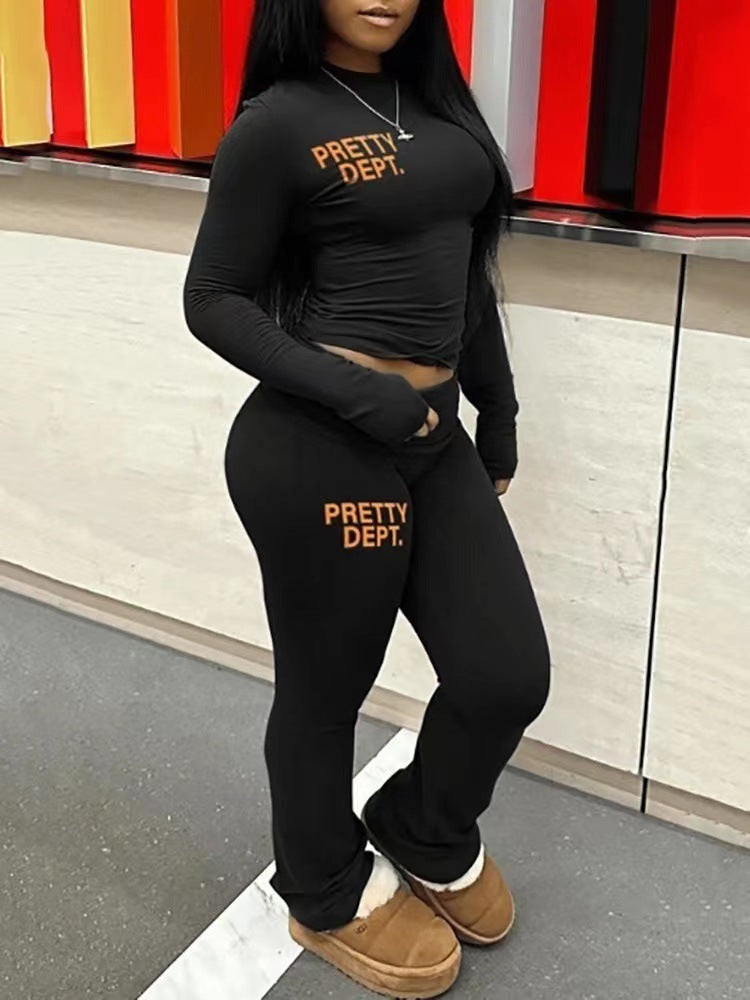 Fashion Trendy Letter Printed Long Sleeve Two Piece Pants Set 4